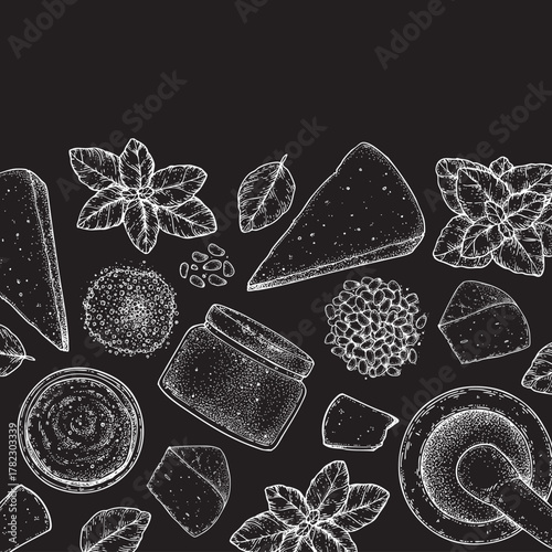 Pesto sauce ingredients vector illustration. Hand drawn sketch. Italian food. Basil, parmesan cheese, pine nuts, garlic, salt, arugula, mortar and pestle