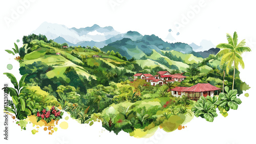 Coffee Cultural Landscape - Eje Cafetero. Coffee Cultural Landscape - Eje Cafetero hand drawn watercolor illustration