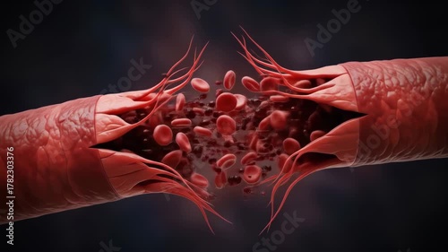 Intricate Visual of Blood Vessel Breakdown with Red Blood Cells and Fluid Dynamics