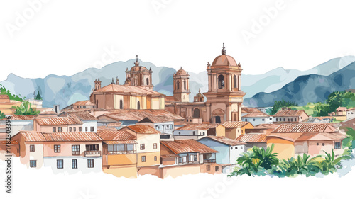 Cusco Historic Center. Cusco Historic Center hand drawn watercolor illustration