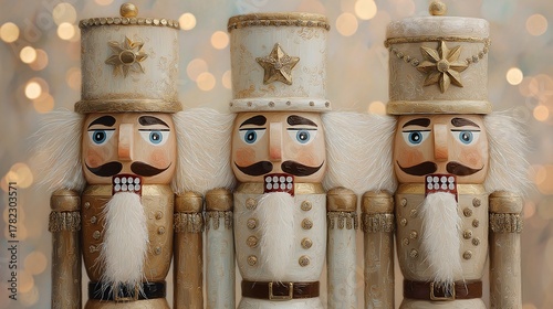 Close-up oil painting of three festive nutcrackers with Christmas decor in neutral tones of off white and gold