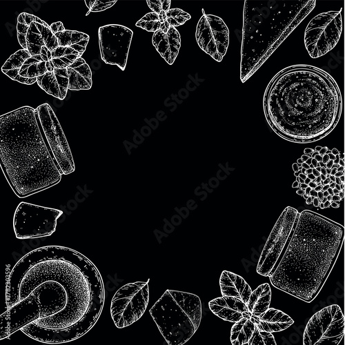 Pesto sauce ingredients vector illustration. Hand drawn sketch. Italian food. Basil, parmesan cheese, pine nuts, garlic, salt, arugula, mortar and pestle