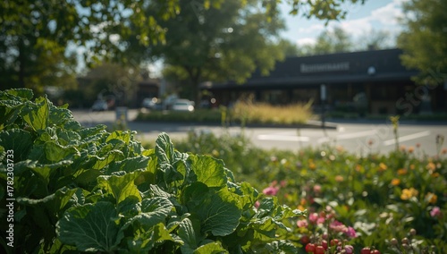 Fototapeta Naklejka Na Ścianę i Meble -  Leaves and vegetables photographed in an urban restaurant parking area, seasonal change