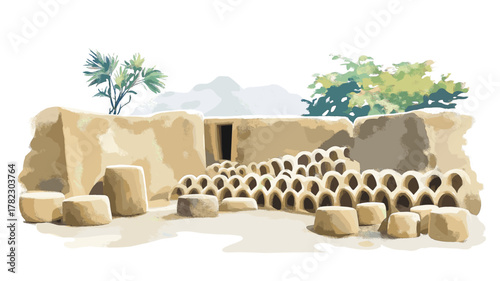 Chan Chan Archaeological Site. Chan Chan Archaeological Site hand drawn watercolor illustration