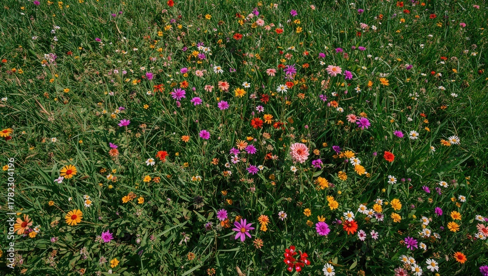 Fototapeta premium Wildflowers flourishing in a vibrant green field, showcasing nature's diversity and beauty