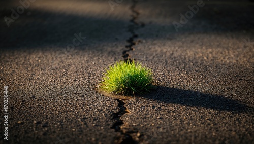 Fototapeta Naklejka Na Ścianę i Meble -  A small bush of green grass emerging from a crack in the asphalt, showcasing resilience against urban conditions