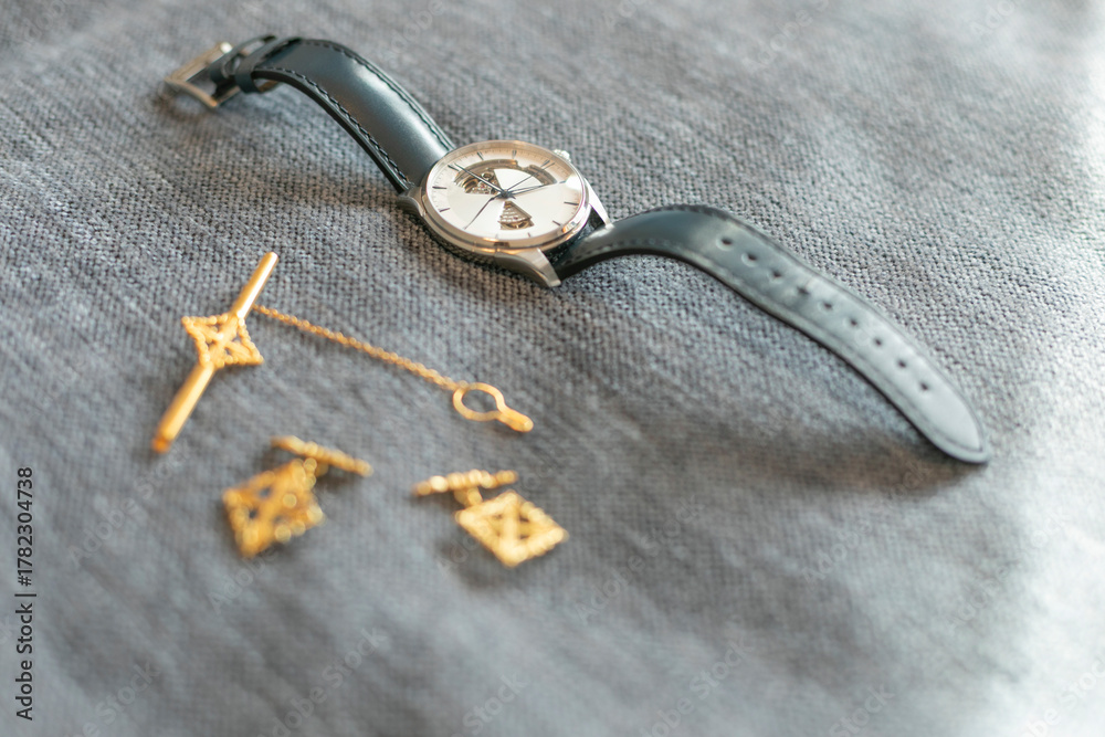 Naklejka premium bolsillo, indumentaria, moda, metal, tejidos, con textura, tejido, material, macro, algodón, bodegón, accesorios, reloj, reloj pulsera, gemelos