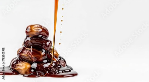 Sweet syrup flowing over dates fruit on a white background