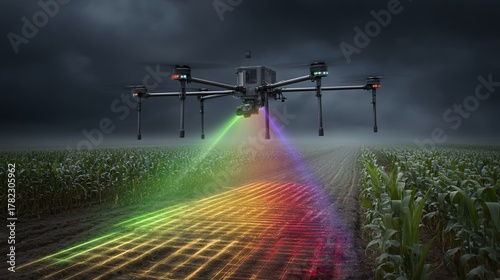 illustration of an agricultural drone equipped with thermal imaging capabilities, displaying heat maps of a field to identify stress or disease in crops, showcasing its diagnostic role in modern 