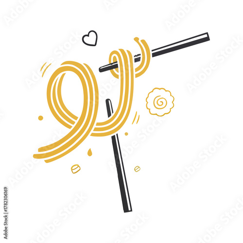 Stylized vector illustration of noodles on chopsticks.