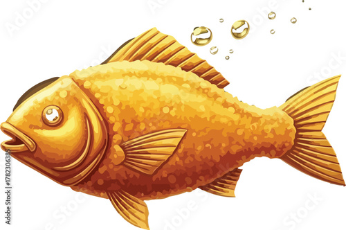 Golden fish swims in the dark water with bubbles rising to the surface