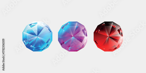 round cut jewel views isolated on white background - top view, realistic ruby, realistic diamond and badge. Can be used as part of logo, icon, web decor or other design.
