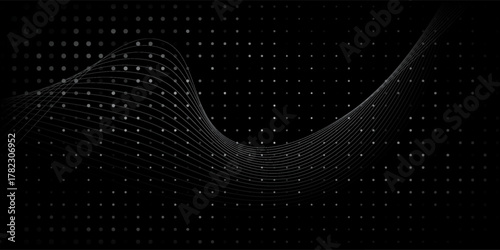 Black background dot design. Modern wavy line pattern in monochrome colors. shiny