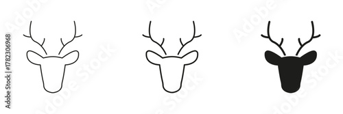 Deer Head With Antlers In Line, Outline, And Glyph Icon Set. Wildlife, Nature, And Animal Symbol Collection. Perfect For Outdoor, Hunting, And Conservation Themes. Isolated Vector Illustration