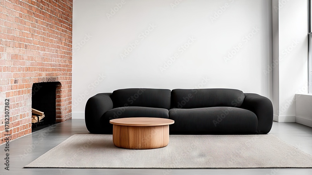 Fototapeta premium Inviting living room with industrial charm featuring a black sofa and cozy fireplace perfect for relaxation