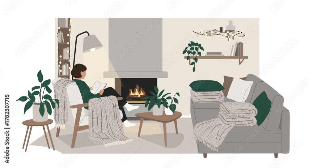 Fototapeta premium Hygge Scandinavian Living Room Interior Minimalist Vector Illustration