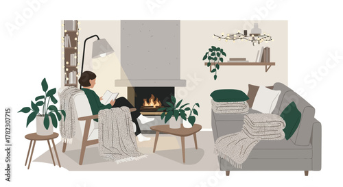 Hygge Scandinavian Living Room Interior Minimalist Vector Illustration