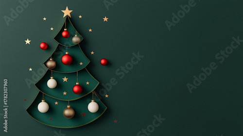 A beautifully decorated Christmas tree on a rich green background, adorned with red and white balls, sparkling golden stars, and complemented by a deep emerald color palette.