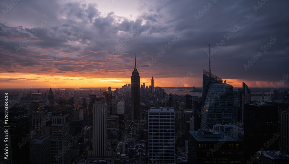 Fototapeta premium Tall buildings silhouetted against early morning sky ahead of approaching storm
