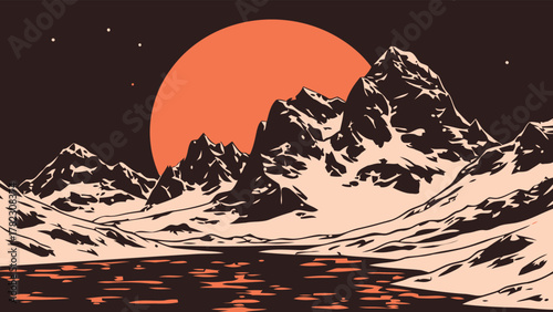 Stylized illustration of a serene mountain landscape. Snow-capped peaks reflect in calm water under a large orange sun against a dark sky, capturing nature's beauty