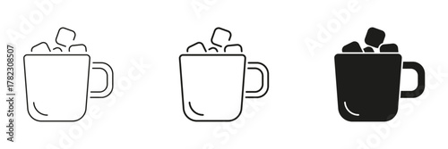 Hot Cocoa With Marshmallows In Line, Outline, And Glyph Icon Set. Warm Mug With Sweet Cubes Symbol Collection. Perfect For Cafes, Restaurants, And Winter Themes. Isolated Vector Illustration