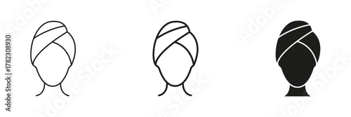Head Wrapped In Towel In Line, Outline, And Glyph Icon Set. Self-Care, Relaxation, And Spa Treatment Symbol Collection. Personal Grooming And Wellness. Isolated Vector Illustration