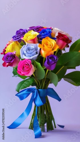 A vibrant floral arrangement featuring a variety of rose colors including pink, yellow, orange, and blue, with green stems tied together by a blue satin ribbon.