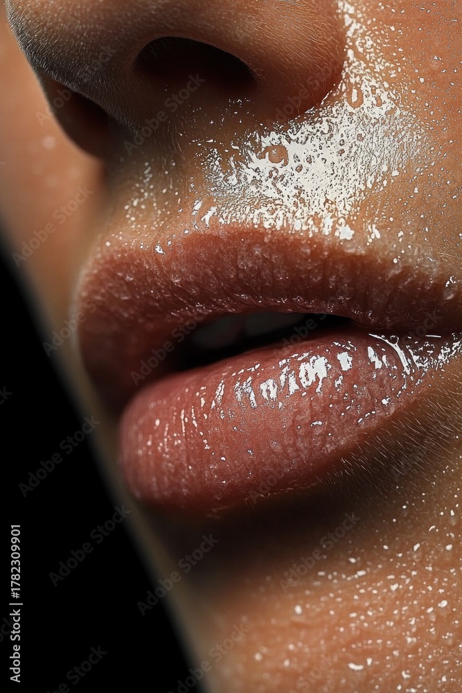 Fototapeta premium Close-up of glossy, hydrated lips and lower nose with water droplets on smooth skin against a black background