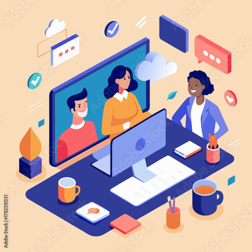 Diverse team collaborating remotely through video conference and digital communication tools