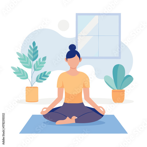 Woman meditating in lotus pose indoors with plants and window in the background flat illustration