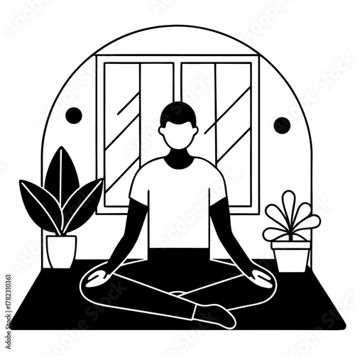 Person meditating in a lotus position indoors with plants and a window