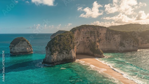 Fototapeta Naklejka Na Ścianę i Meble -  A sheer cliff towers above the transparent sea waters, reflecting an animal-like shape, erosion risk.