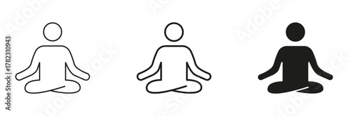 Meditation Pose In Line, Outline, And Glyph Icon Set. Mindfulness And Relaxation Symbol Collection. Yoga And Wellness Practice. Isolated Vector Illustration