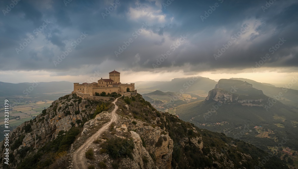 Obraz premium Scenic structure atop a hill in a misty landscape, showcasing preservation