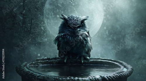 illustration of a single, majestic owl perched on a stone birdbath. The water in the birdbath is dark and still, and it perfectly reflects a beautiful, ghostly full moon. The owl is the bridge 