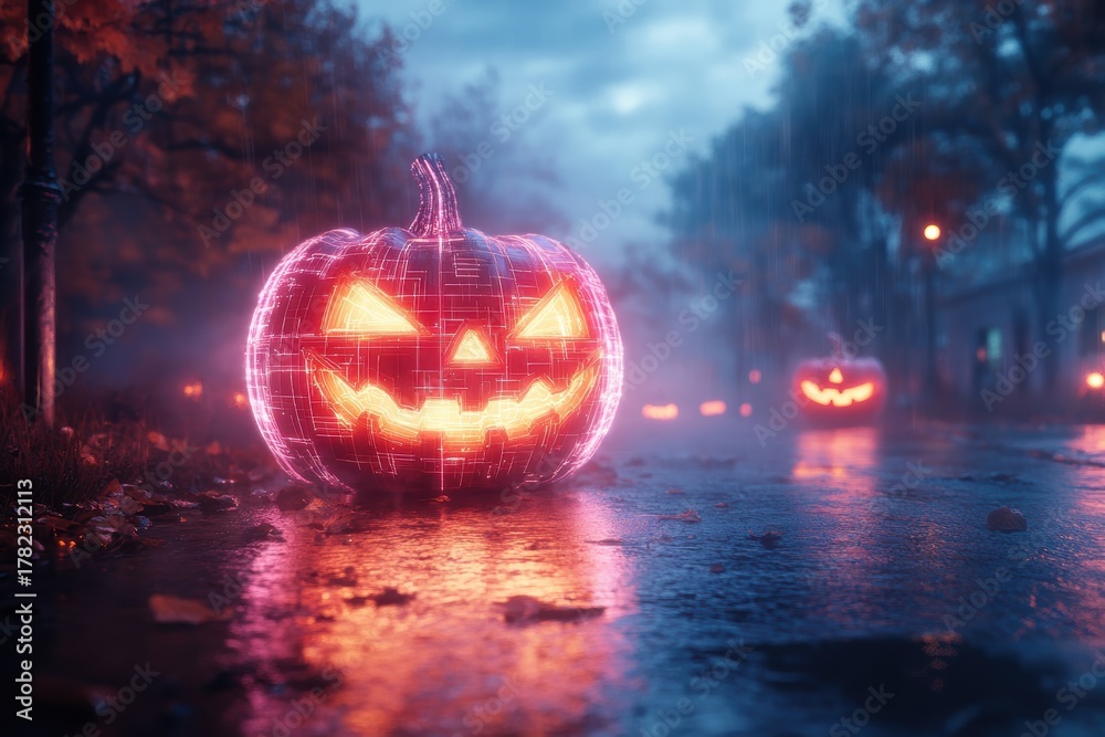Naklejka premium Futuristic Halloween pumpkin glows in the rain on a digital-themed street