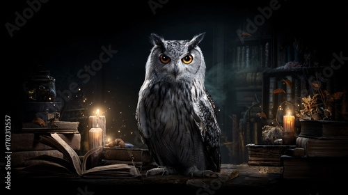 owl surrounded by floating candles and old spell books in a dark gothic library setting. The bird stares directly at the viewer with glowing amber eyes. Copy space on right edge. Halloween owl, 