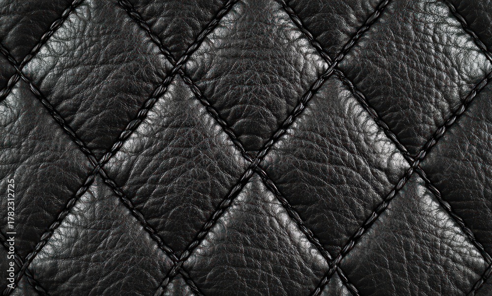 Naklejka premium Close-up of black quilted leather with diamond pattern stitching and textured surface