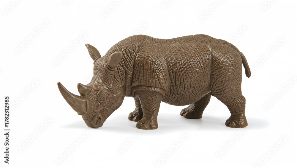 Fototapeta premium Small toy rhinoceros on a plain white backdrop