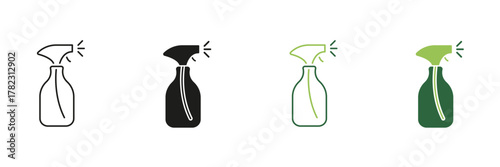 Spray Bottle Line And Solid Icon Set. Cleaning, Disinfection, And Sanitization Symbol Collection. Household And Industrial Cleaning Tools. Isolated Vector Illustration