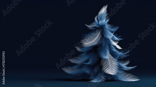 Blue Feather Christmas Tree On Dark Background. Unique Holiday Decoration With Soft Light Texture. Ideal For Winter Decor, Art, Seasonal Campaigns