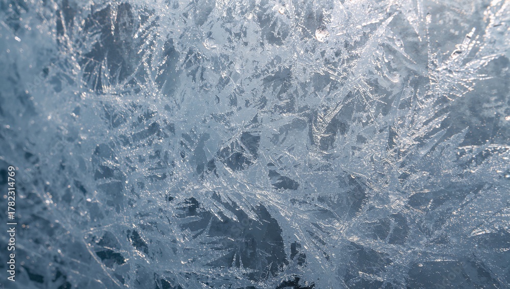 Fototapeta premium Ice crystals forming on a window surface, showcasing winter's intricate patterns