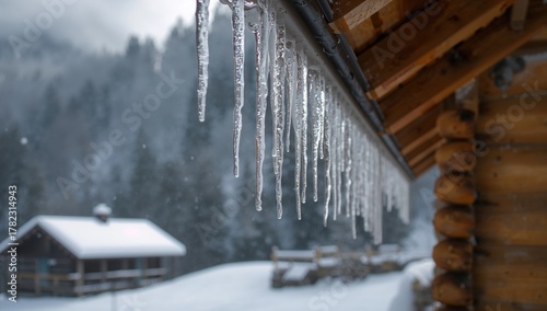 Fototapeta Naklejka Na Ścianę i Meble -  Frozen icicles dangling from the edge of a cabin roof in a snowy winter setting
