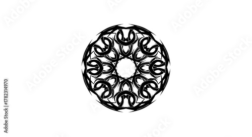 Abstract circle pattern with intricate black brushstroke design on white backdrop