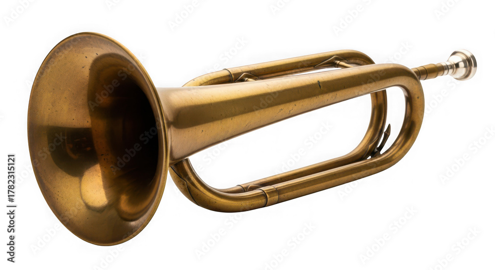 Obraz premium Vintage brass bugle on isolated background, ready for design