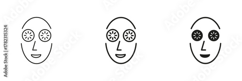Face With Cucumber Slices In Line, Outline, And Glyph Icon Set. Relaxation, Spa Treatment, And Self-Care Symbol Collection. Beauty And Wellness. Isolated Vector Illustration