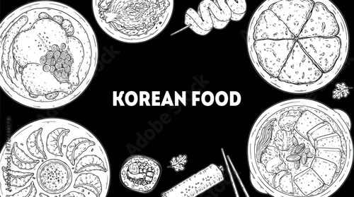 Korean food frame. Hand drawn top view Korean food dishes vector sketch illustration. Samgyetang, mandu, kimbap, jjigae, pajeon, kimchi, odeng