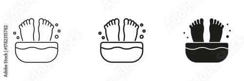 Feet In Foot Bath With Bubbles In Line, Outline, And Glyph Icon Set. Relaxation, Self-Care, And Spa Treatment Symbol Collection. Wellness And Personal Care. Isolated Vector Illustration