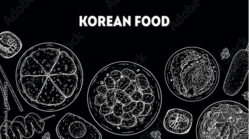 Korean food frame. Hand drawn top view Korean food dishes vector sketch illustration. Kimbap, odeng, pajeon, bulgogi, kimchi, japchae, corn dog, egg bread