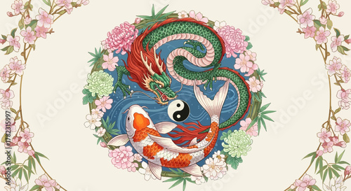 Harmonious convergence: A dragon and koi embody balance amidst floral splendor design